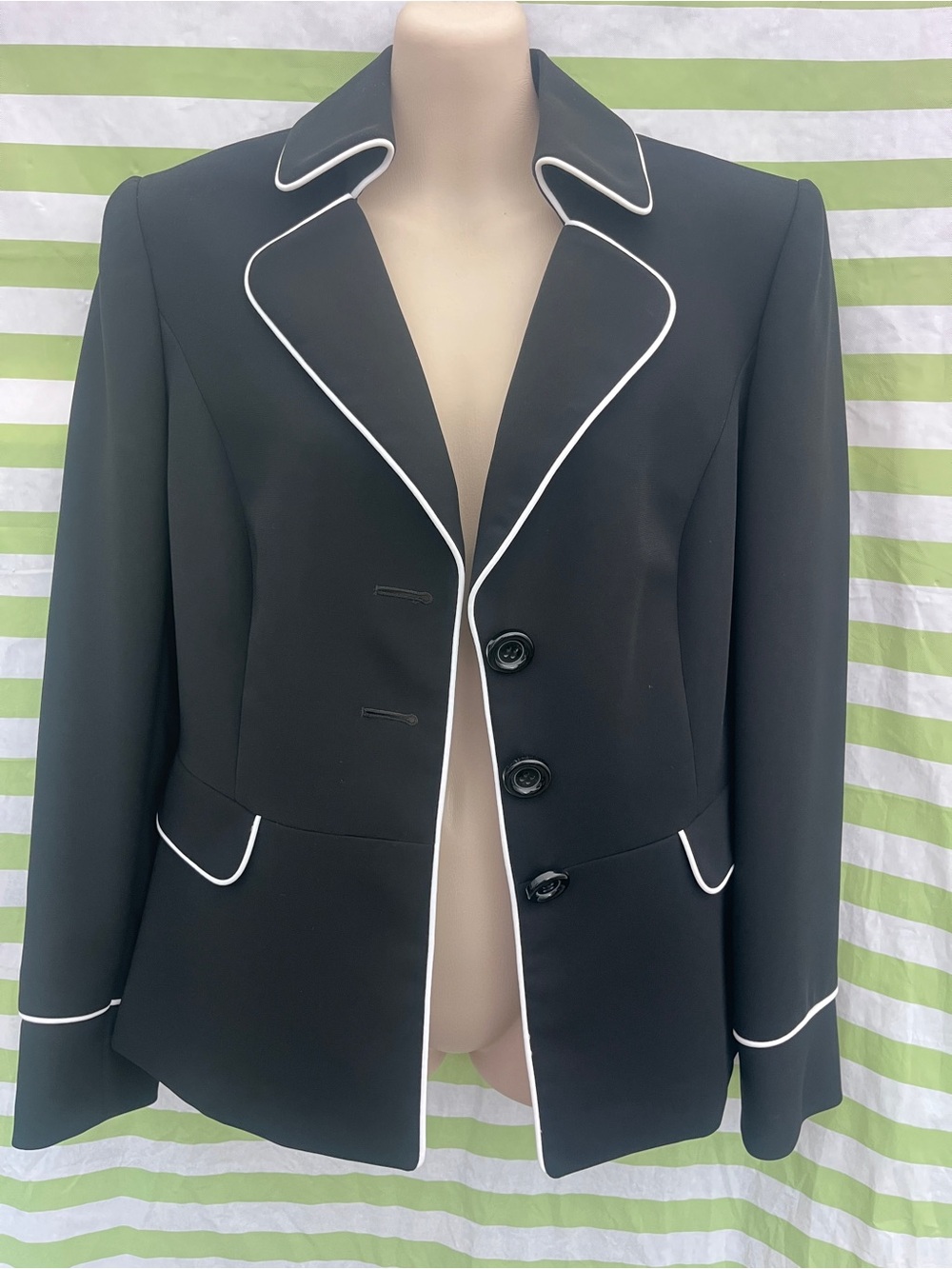 Black Blazer with White Piping - Classic Tailored Jacket